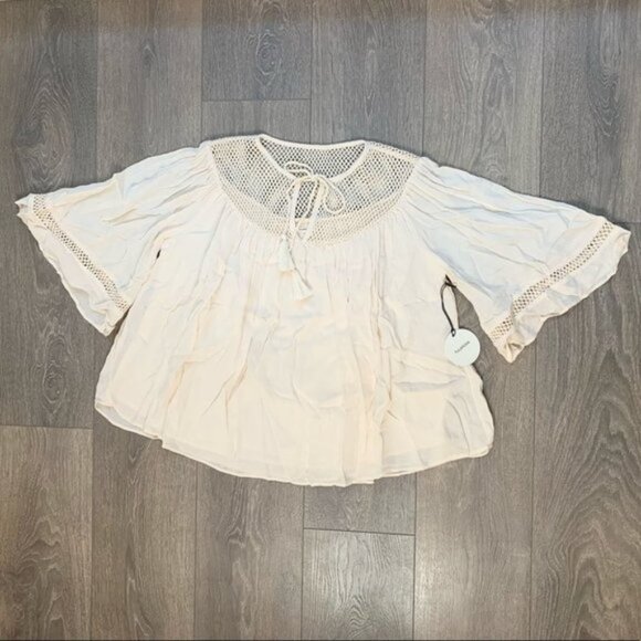 Tularosa Revolve Huxley Top Cream Tassels ties Gauze Crochet Flutter Sleeve XS - Picture 2 of 15